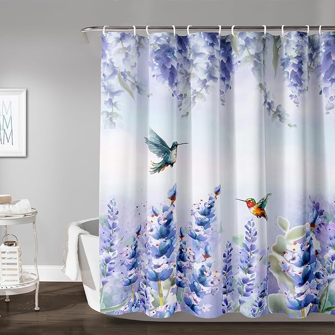 AILONEN Waterproof Floral Shower Curtain for Bathroom,Purple Blue Botanical Wisteria Lavender Flowers Shower Curtain,Watercolor Floral Decor Bathroom Polyester with Grommets and Hooks 72" W*96" H