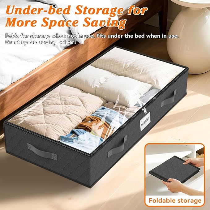 SpaceWhisper 90L Under Bed Storage Containers, 4-Pack Storage Bins with Clear Top, Foldable Closet Organizers and Storage with Label Holder for Clothing, Blankets, Comforter & Pillows (Grey)