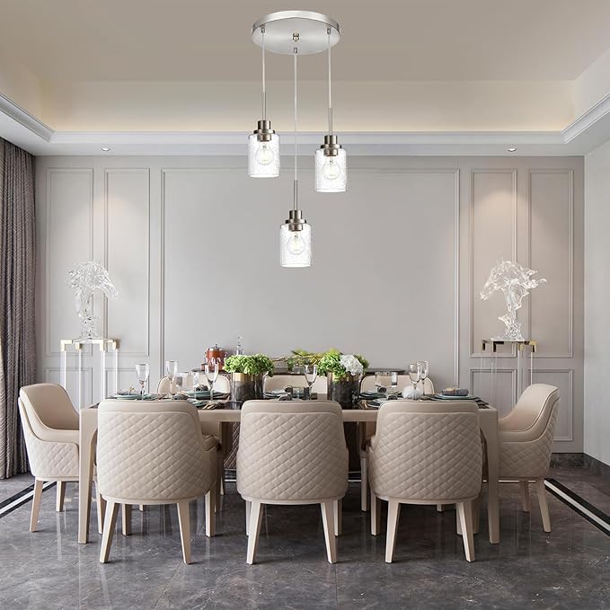3-Light Contemporary Pendant Lighting with Clear Seeded Glass,Brushed Nickel Dining Room Chandelier Light Fixture Modern Kitchen Island Cluster Hanging Ceiling Pendant Lights for Sink Bar