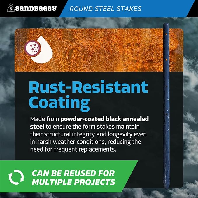 Sandbaggy Round Steel Concrete Form Stakes with Nail Holes - Rust Resistant Coating - Removable, Reusable (200, 3/4 in X 18 in)