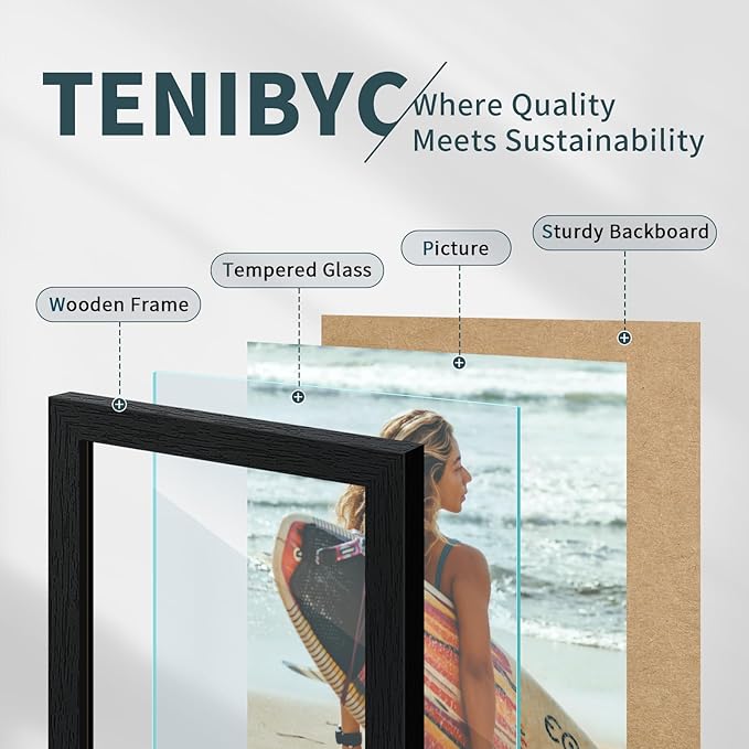 5x7 Picture Frame 3 Pack - Black Woodgrain, Solid Wood & HD Tempered Glass, Table Display or Wall Hanging