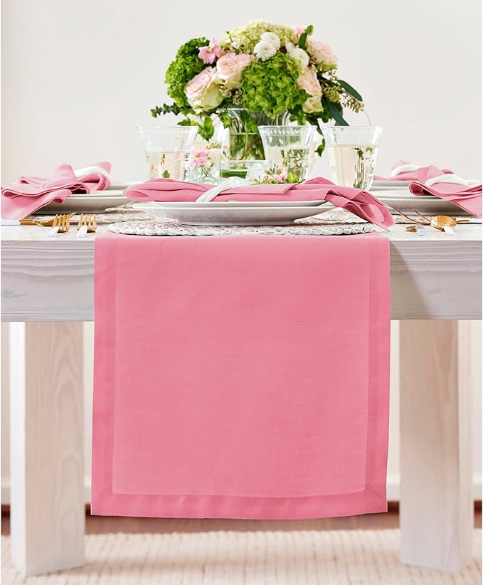 Solino Home Linen Table Runner 120 Inches Long - 100% Pure Linen Pink Carnation Table Runner 14 x 120 Inch for Halloween - Fete