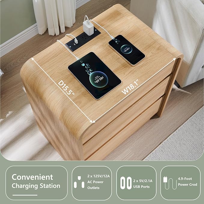 25" Tall Modern Nightstand with Charging Station, 23.6'' Wide Wood Bedside Table w/3 Storage Drawers, Small Dresser w/Curved Profile Design, End Table for Bedroom, Natural Oak