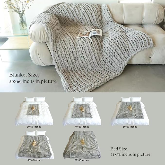 Maetoow Chenille Chunky Knit Blanket Throw （50×60 Inch）, Handmade Warm & Cozy Blanket Couch, Bed, Home Decor, Soft Breathable Fleece Banket, Christmas Thick and Giant Yarn Throws，Cream
