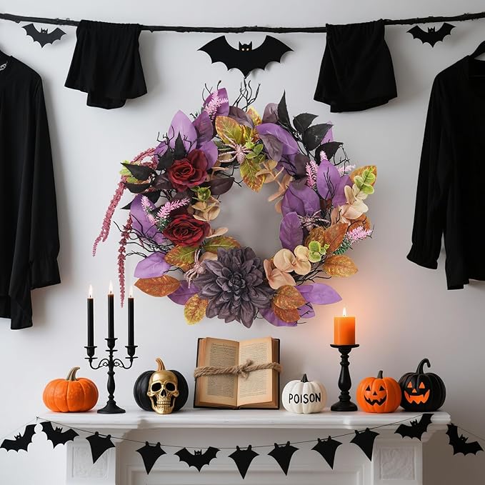 GarveeHome 18 Inch Halloween Wreath, Halloween Garland with Artificial Roses & Spiders, Indoor Outdoor Holiday Accent Decoration for Front Door Porch Wall Home Party Window, Red & Purple