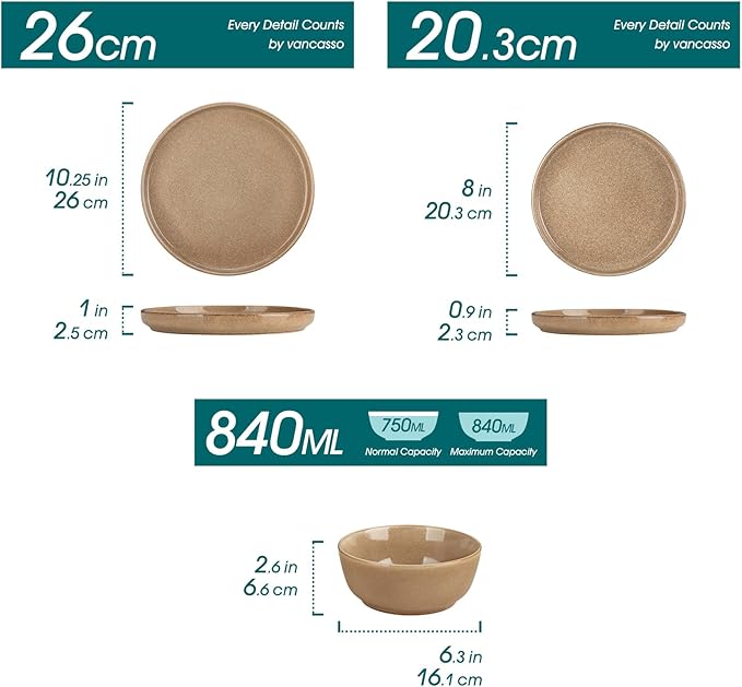 vancasso ANYA 18 Pieces Plates and Bowls Set, Caramel Dinnerware Sets, Reactive Glaze Dishes Set for 6, Ceramic Dishware Sets Kitchen Dinner Set, Microwave & Dishwasher Safe