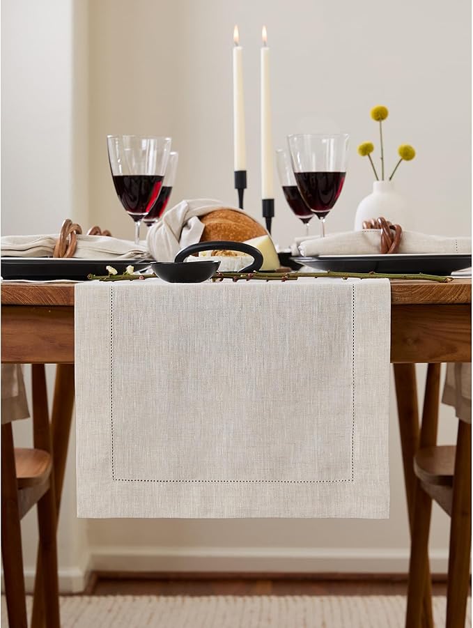 Solino Home Linen Light Natural Table Runner 72 Inches Long - 100% Pure Linen Hemstitch Table Runner 14 x 72 Inch for Dresser, Dining, Fall, Autumn, Halloween, Thanksgiving - Classic Hemstitch