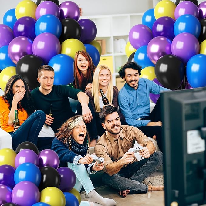 Purple Blue Yellow Black Balloons 60 Pcs Metallic Purple Royal Blue Black Yellow Game Latex Balloon Gaming Party Balloon for Kids Gamer Night Birthday Graduation Party Decoration Supplies