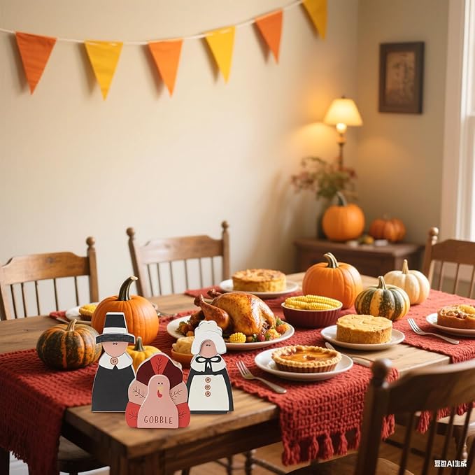 Amorita Fall Thanksgiving Decorations Wooden Turkey Pilgrim Couple Table Sign 3 Pcs Fall Thanksgiving Decor Standing Tabletop Sign Decor for Autumn Harvest - W
