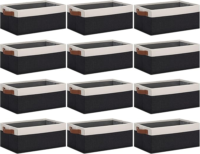 GhvyenntteS Storage Baskets for Shelves 12 Pack, Fabric Storage Bins with Leather Handles, Foldable Rectangular Storage Baskets for Organizing Home, Office (Black/White, 11.8" x 7.87" x 5.11")