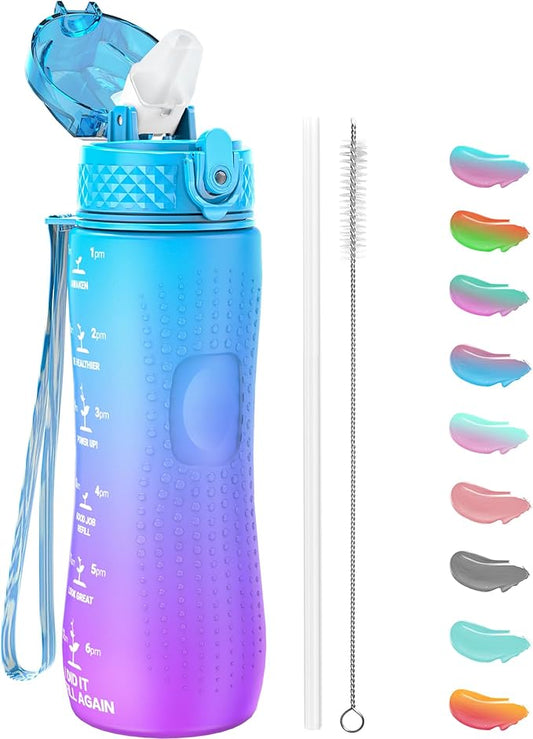 OLDLEY Kids Water Bottle for School, 25 oz (Straw Lid) BPA-Free Reusable Leak-proof Durable Tritan Plastic Water Bottles with One-handed Opening Straw Lids, Anti-dust Spout Cover (Lake)