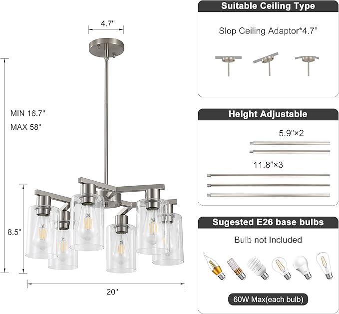 6-Light Farmhouse Brushed Nickel Chandelier,Modern Chandeliers for Dining Room Light Fixture Over Table,Adjustable Hanging Industrial Rustic Pendant Lights Kitchen Island Light with Clear Glass Shade