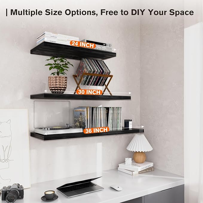 Wall Shelf Set of 2,Dark Wood Floating Shelves 24 in W x 10 in D x 1 in H, Wooden Floating Wall Shelf with Invisible Brackets for Living Room/Bedroom/Bathroom/Kitchen Storage and Decor