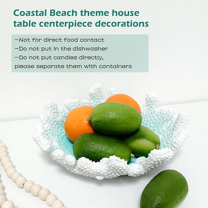Turquoise Coral Textured Decorative Bowl,9.45" Medium Resin Decorative Centerpiece Bowl for Coastal Beach theme house table centerpiece decorations & Nautical decorations for coffee table