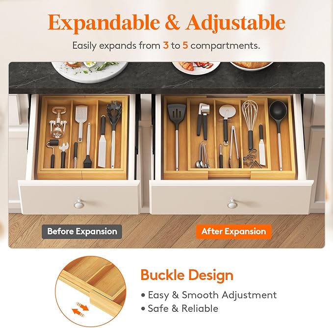 Lifewit Utensil Organizer for Kitchen Drawer, Expandable Cooking Utensil Tray, Bamboo Cutlery Silverware Flatware Holder, Adjustable Spatula Tools and Gadgets Storage Divider, Large, Natural