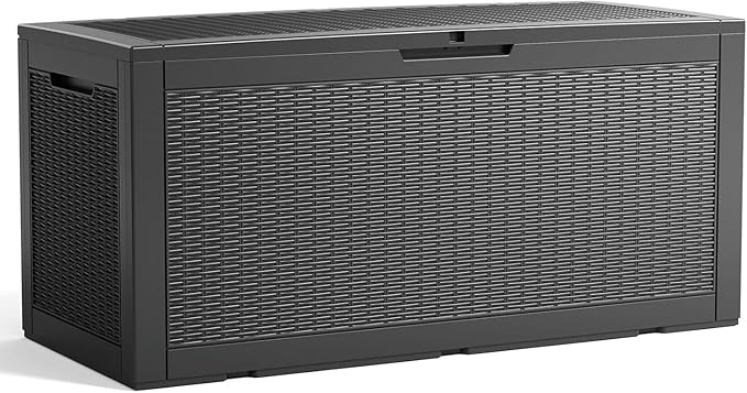 100 Gallon Outdoor Storage Box,Large Waterproof Resin Deck Box,Lockable Storage Container with Reinforced Support for Patio Cushions,Garden Tools,UV-Resistant（Black Rattan）
