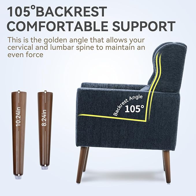 Modern Accent Chair, Upholstered Armchair with Pillow, Fabric Single Sofa Chair with Lounge Seat and Wood Legs Accent Chair for Living Room Bedroom Small Spaces (Dark Blue)
