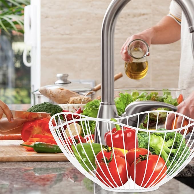 Metal Wire Fruit Basket, White Fruit Bowl for Kitchen Counter, Fruit Holder Stand Storage Baskets for Countertop, Home Decor, Table Centerpieces, Vegetable Bowls for Fruits, Veggies, Snacks (White)