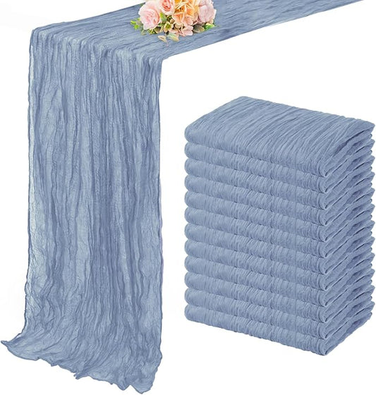 12 Pack Dusty Blue 10FT Cheesecloth Table Runner Rustic Gauze Fabric Cheese Cloth Table Runner for Wedding Bridal Baby Shower Table Decor 20 x 120 Inch Long Boho Sheer Birthday Party Table Decorations