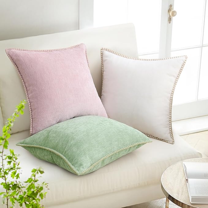 decorUhome Chenille Soft Throw Pillow Covers 18x18 Set of 2, Farmhouse Velvet Neutral Decorative Euro Pillow Covers with Stitched Edge for Couch Sofa Bed Home Decor, Sage Green