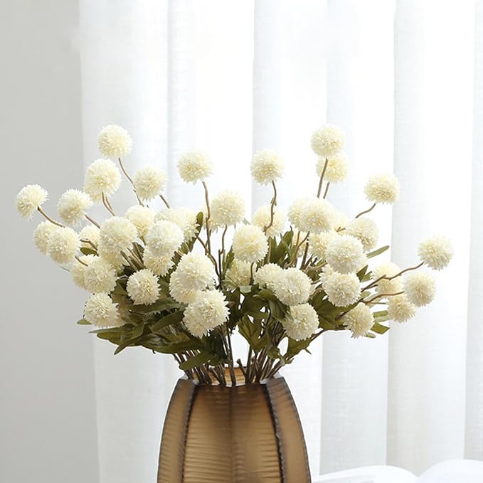 Faux White Kiku Flower, 10 Stems with 5 Heads Each & 4 Branches Eucalyptus Stems, Artificial Small Mini Chrysanthemum Flowers for Aesthetic Room Decor, Floral Arrangements Centerpiece