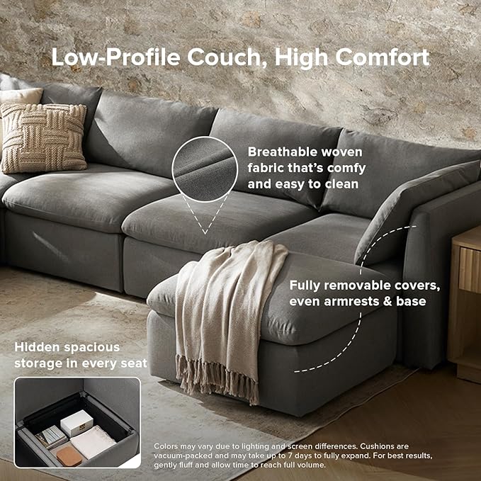 mopio Oversized Modular Sectional Sofa with Fully Removable Covers and Storage, Convertible U, L-Shaped and Sleeper Sectional, Modern Couches with Ottoman Chaise (Stone Gray Fabric, 6 Seats, U)