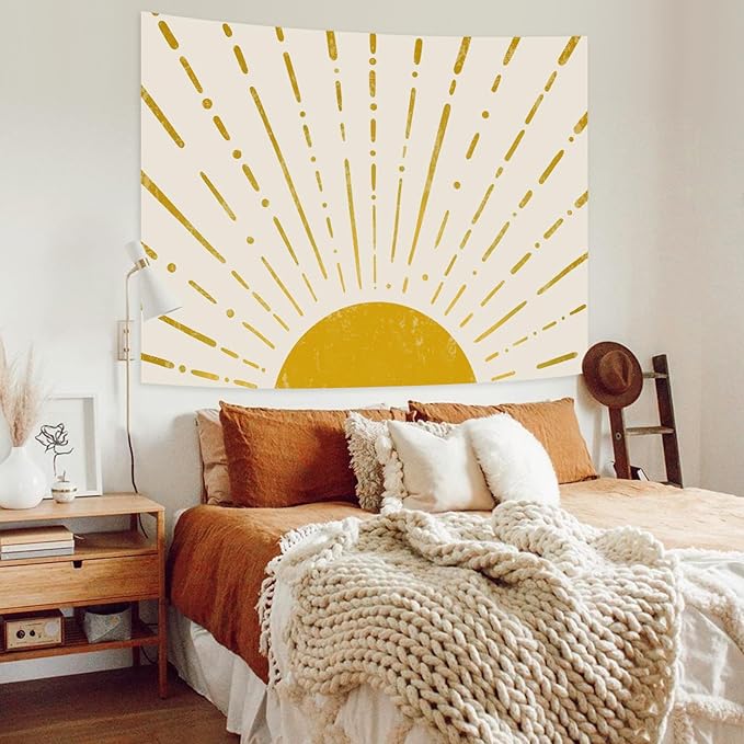 Kanuyee Gold Boho Burning Sun Tapestry Wall Hanging, Retro 70s Abstract Vintage Geometric Line Sunrise Tapestries for Bedroom Living Room Backdrop 44×60 inch