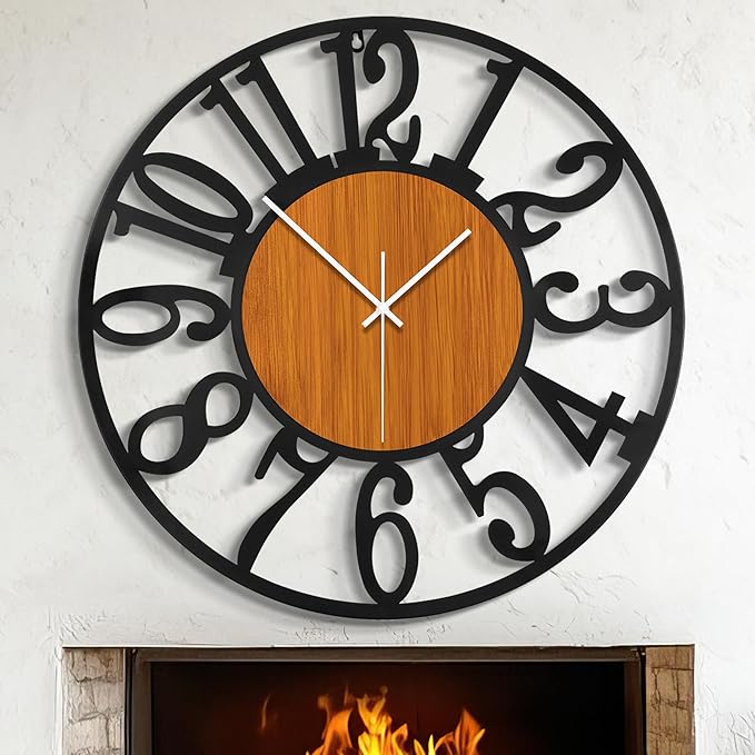 LEIKE 30" Oversized Large Wall Clocks,Silent,Non Ticking,Battery Operated Modern Round Big Wood Decorative Metal Wall Clock for Living Room, Bedroom,Kitchen,Farmhouse,Office Decor - Black,30 Inch