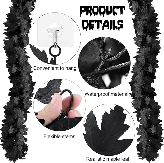 Joyhalo 4 Pack Halloween Garland, 5.7FT Black Maple Leaf Garland Halloween Decor, Spooky Black Leaves Vines Outdoor for Mantle, Home, Office, Stair Railing, Door Frame, Fireplace and Fall Decorations