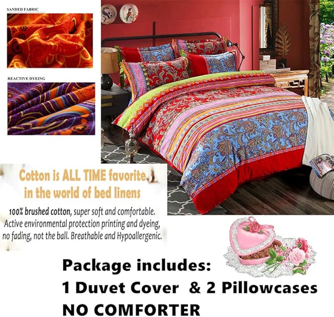 ABREEZE Bohemian Duvet Cover Set Colorful Red Boho Retro Bedding Set Damask Paisley Cotton Duvet Cover Tribal Reversible Bedding Exotic Style Comforter Cover 3-Piece Twin