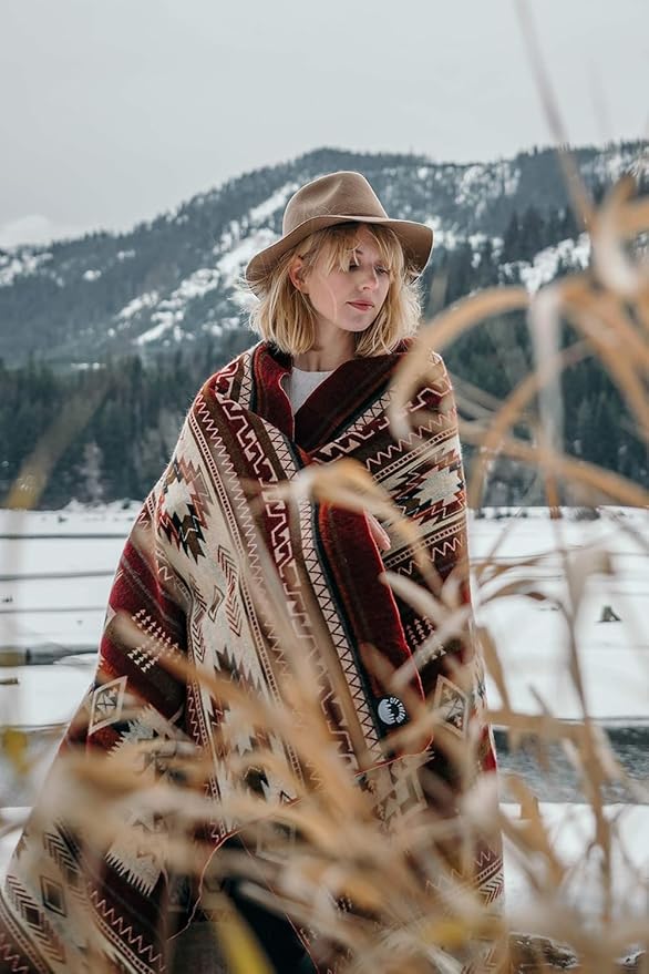 Inca Aztec Throw, Queen, King Blanket | Southwest Indian Navajo Boho Style | Native Cover for Camping, Bedding, Couch, Vanlife | Faux Alpaca, Lightweight, Hypoallergenic (Vinincunca Maroon, King)