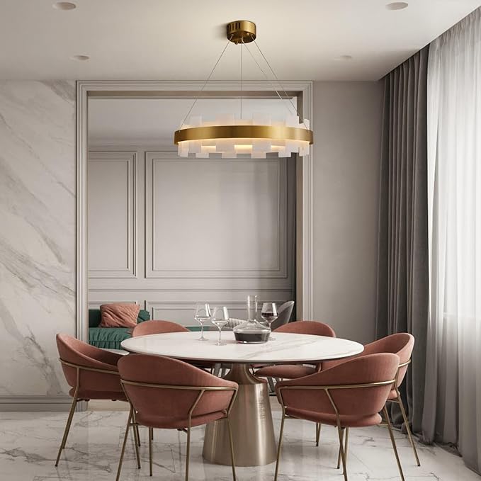 20" Natural Spanish Alabaster Round Chandelier, Adjustable Large Chandeliers for Living Room Over Table, Modern Luxury Alabaster Stone Chandelier for Drawing Room, Bedroom, Hallway, Foyer