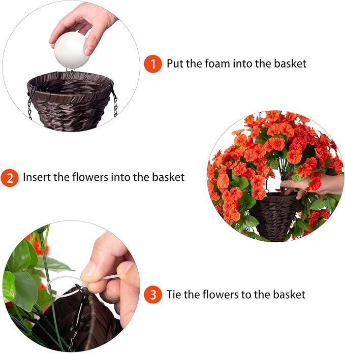 Artificial Fake Hanging Flowers Plants Baskets for Outdoor Fall Decoration, Faux Silk Orange Morning Glory in Planter UV Resistant Look Real for Home Porch Patio Balcony Yard Decor