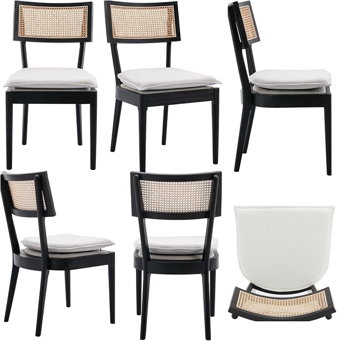 Rattan Dining Chairs Set Of 2 , Mid Century Modern Black Wooden Cane Back Chairs with Removable Linen Cushion , Retro Farmhouse Upholstered Kitchen & Dining Room Chairs for Restaurant Living Room