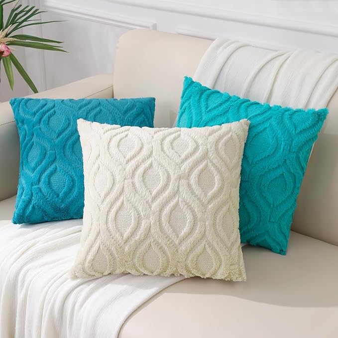 decorUhome Fall Throw Pillow Covers 26x26 Inch Set of 2, Soft Plush Decorative Faux Fur Teal Solid Couch Pillow Covers, Accent Farmhouse Neutral Square Euro Pillow Cases for Sofa Bed Living Room
