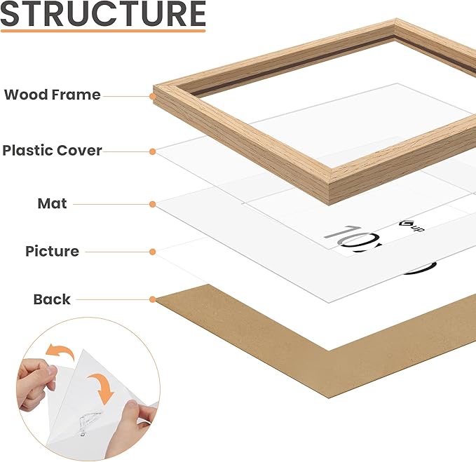 upsimples 10x10 Frame, Natural Solid Wooden Picture Frames, Display 8x8 with Mat or 10 x 10 Without Mat, Wall or Tabletop, 1 Pack, Natural