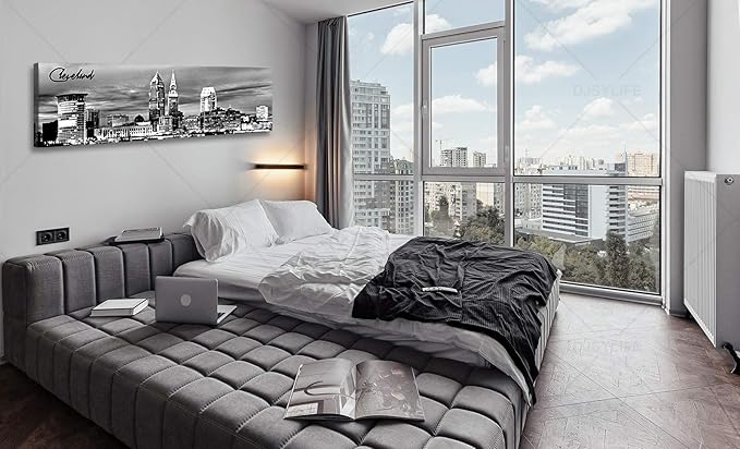 Cleveland Skyline Decor Wall Art Canvas Prints Black and White Night View USA Cityscape Panoramic Painting for Bedroom Office Framed and Ready to Hang 13.8"x47.3"