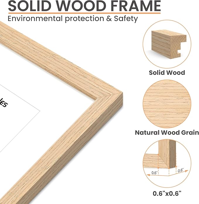 upsimples 12x12 Frame, Natural Solid Wooden Picture Frames, Display 8x8 with Mat or 12 x 12 Without Mat, Wall or Tabletop, 1 Pack, Natural