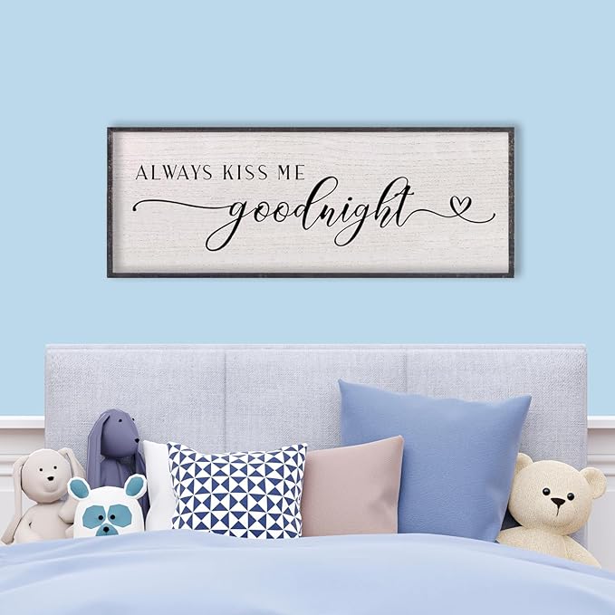 LuZhiQiang Above Bed Love Theme Wall Decor Always Kiss Me Goodnight Sign 40"×15" Wood Framed for Master Bedroom Over Bed Wall Art (Black)