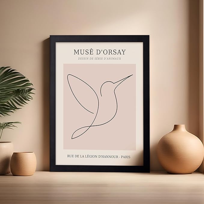 Poster Master Vintage Poster - Retro One Line Hummingbird Drawing Print - Bird Line Art - Minimal Gift for Him, Her, Animal Lover - Abstract Decor for Home, Office, 16x20 Black Framed