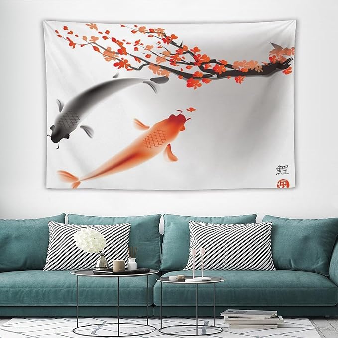 Houselerax Japanese Koi Fish Tapestry, Cherry Blossoms Asian Oriental Flower Branch Koi Fish Carp Tapestries Wall Hanging for Bedroom Living Room Office Decor 90"x60"