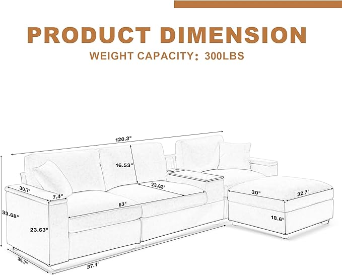 120.3" Modern L-Shaped Sectional Sofa with 360°Swivel Drop-Down Table, Storage Armrest, USB Ports & Movable Storage Ottoman – Plush Linen Cloud Couch for Lounge (Beige)