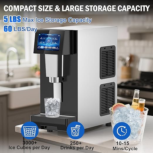 Nugget Ice Maker Countertop, 60LBS/Day with 5LBS Storage Bin, Water Dispenser Countertop Ice Maker Machine Stainless Steel, Soft Chewable Pellet Ice Machine for Home Bar Kitchen Office, Self-Cleaning