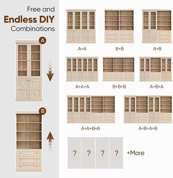 Vyre 71" Tall Farmhouse Bookshelves with Glass Doors, Set of 2 – Large Modular Bookcase with Adjustable Shelves, Storage Cabinet for Living Room, Kitchen, Home Office, Brown