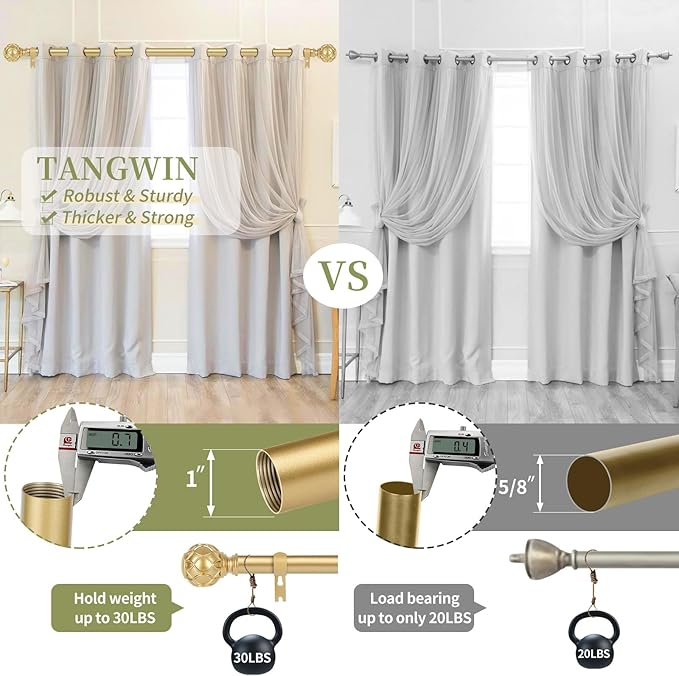 Gold Adjustable Curtain Rods for Windows:66-120 Inch Farmhouse Heavy Duty Curtain Rod for Bedroom Living Room,Boho Decorative Rustic Drapery Rods with Vintage Coastal Texture Finial,Brass Gold