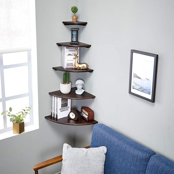 Corner Shelf, 7inch Solid Walnut Wood Floating Corner Shelf Wall Mount Round End Floating Speaker Rack with Wire Hole for Small Plant Photo Frame for Bedroom Kitchen, Living Room