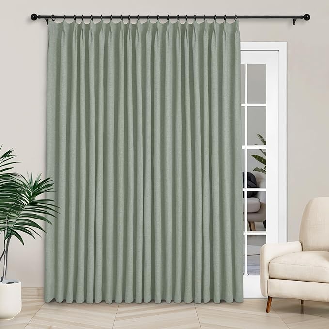 Macochico Extra Wide 100% Blackout Linen Curtains for Sliding Door Pleated Curtains with Hooks Insulated Soft Linen Drapes for Bedroom Living Room with Tieback Fog Green 100”Wx84”L 1 Panel
