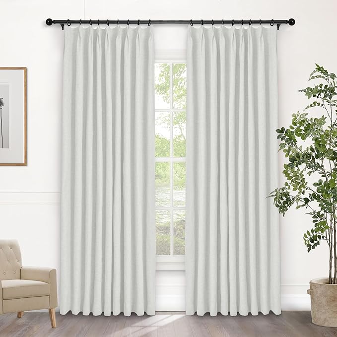 Macochico Pinch Pleated Blackout Curtains 102 Inches Long 100% Blackout Natural Linen Drapes for Bedroom Living Room Windows Farmhouse Burlap Curtains with Tieback 52”Wx102”L Greyish White 1 Panel