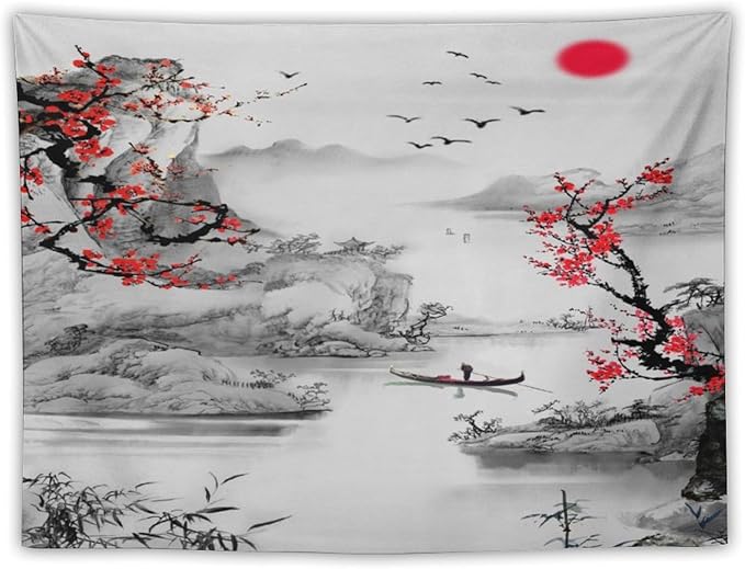 Cherry Blossoms Tapestry, Japanese Red Landscape Watercolor Abstract Art, Asian Japanese Wall Tapestry, Nature Landscape Tapestries for Bedroom Living Room Decor 90"x60"