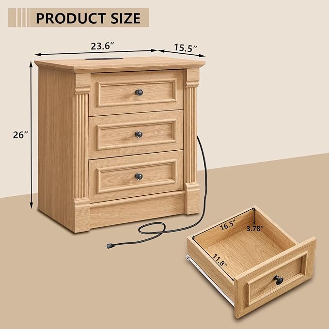 26" Tall Farmhouse Nightstand Set of 2, 3 Drawers End Table w/Charging Station, 23.6" Wide Large Side Table w/Roman Column, Wood Rustic Sofa Table for Bedroom, Natrual